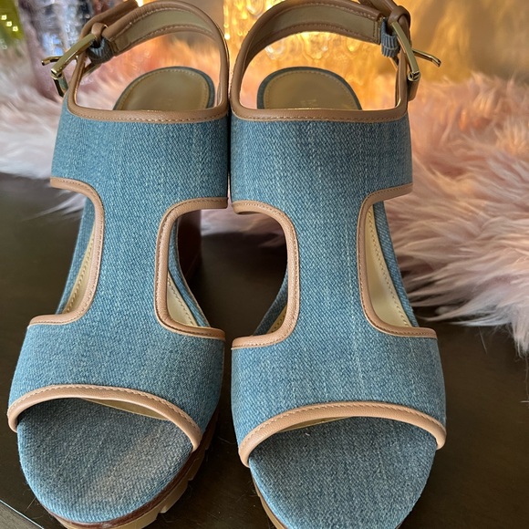 KORS Michael Kors Blue and Tan Wedge Sandals - Picture 3 of 7